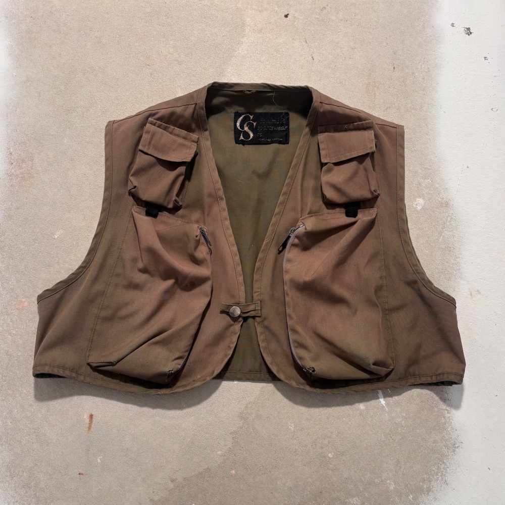 Vintage Columbia Sportswear Fishing Vest Brown Canvas Multi Pocket Utility Men